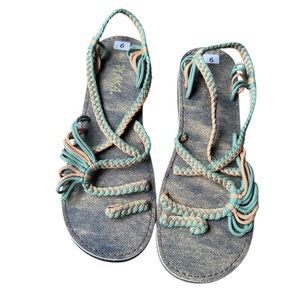 Plaka Palm Leaf Strappy Sandals Teal & Tan Vegan Water Resistant Sole Size 6 NWT